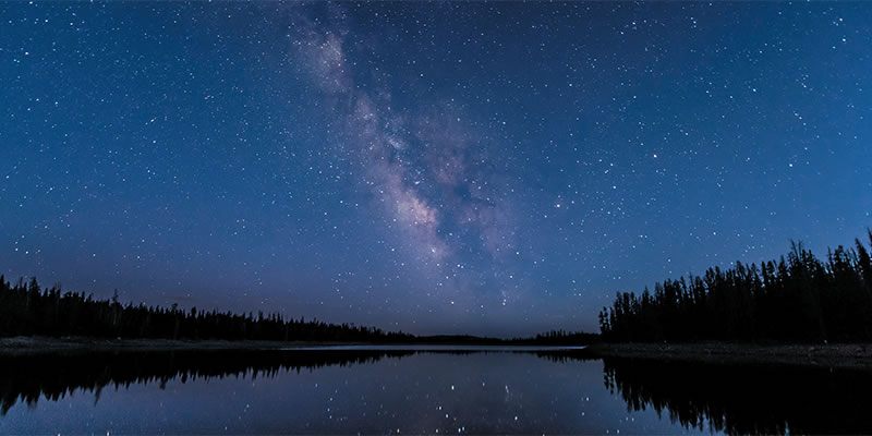 Starry night sky above a tree-lined river