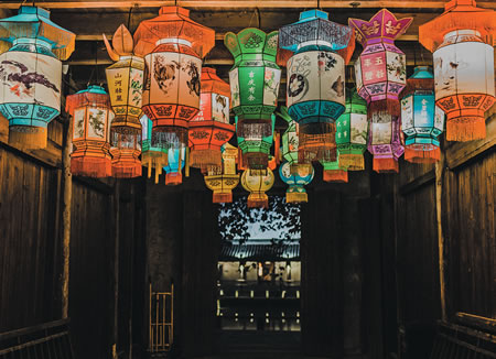 chinese lanterns hanging in a building