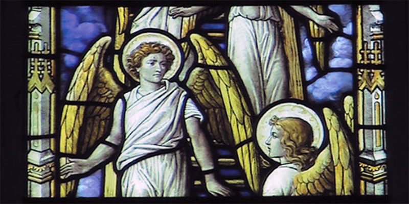 Stained glass window of two angels