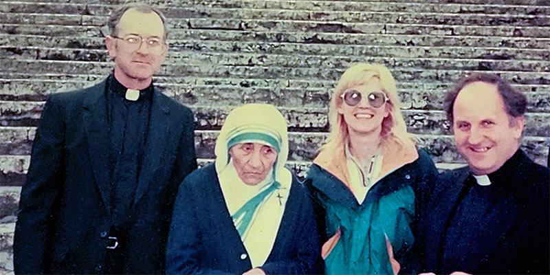 Meeting Mother Teresa. From left, Columban Fr. Maurice Hogan, Mother Teresa, Ms. McAteer and Columban Fr. Donal McIlraith