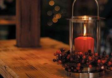 A lighted candle on a table