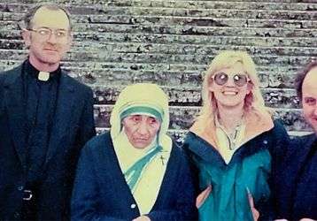 Meeting Mother Teresa. From left, Columban Fr. Maurice Hogan, Mother Teresa, Ms. McAteer and Columban Fr. Donal McIlraith